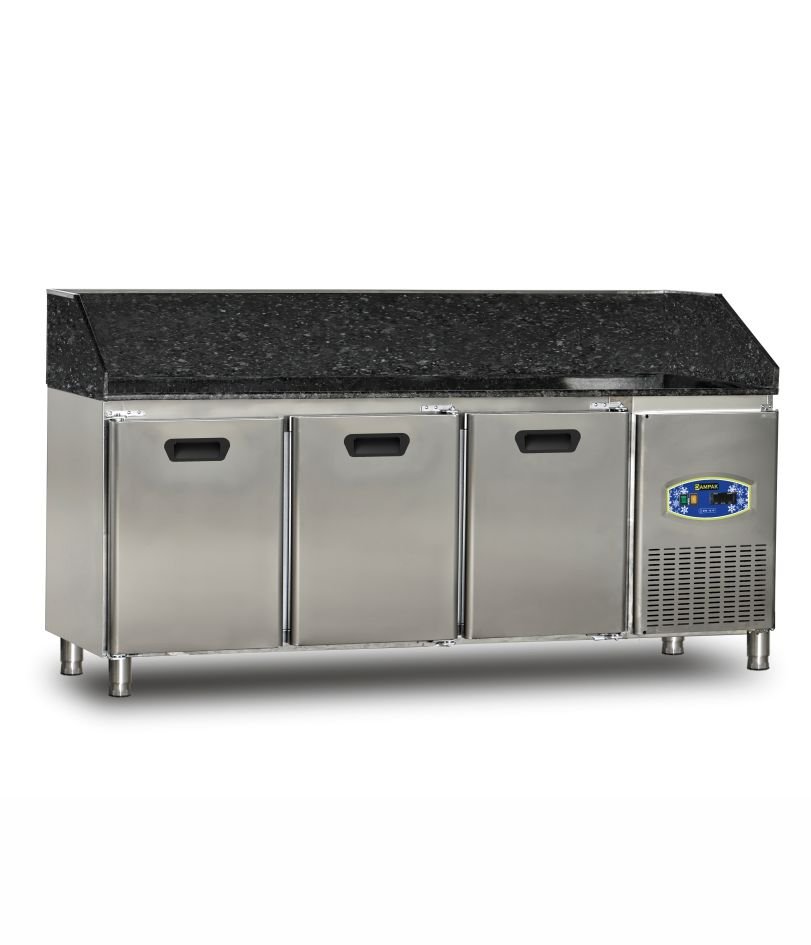 Dampak 22TBF3S-70-GR Granit Tablalı 3 Kapılı Pizza Hazırlık Buzdolabı 450 lt 200x70x109 cm