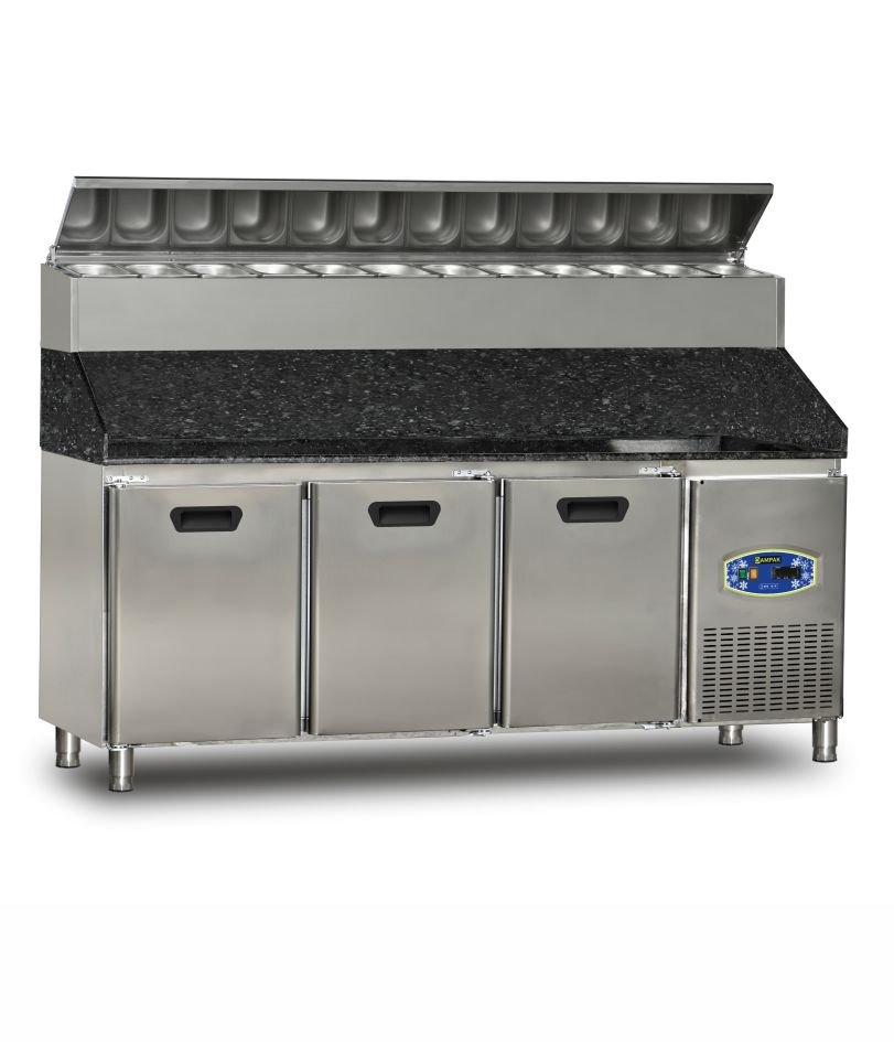 Dampak 22TBF3S-PY70-GR Granit Tablalı 3 Kapılı Yüksek Model Pizza Hazırlık Buzdolabı 450 lt 200x70x133 cm