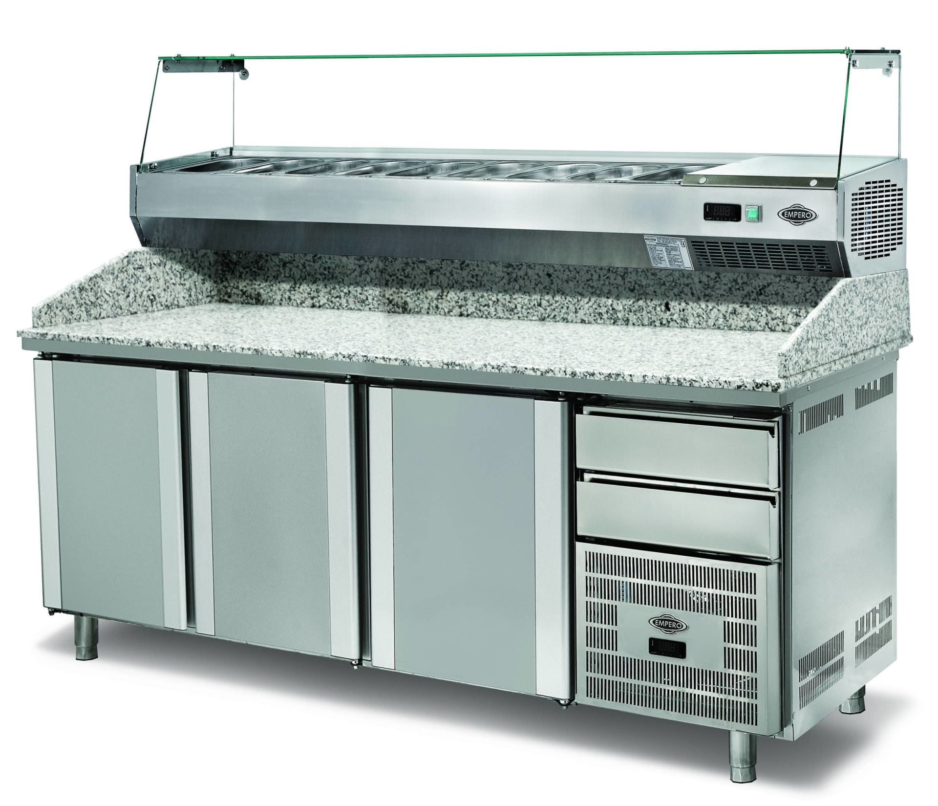 Empero EMP.210.80.02 Granit Tablalı Salatbarlı 3 Kapılı Pizza Hazırlık Buzdolabı 500 lt 210x80x102/152 cm